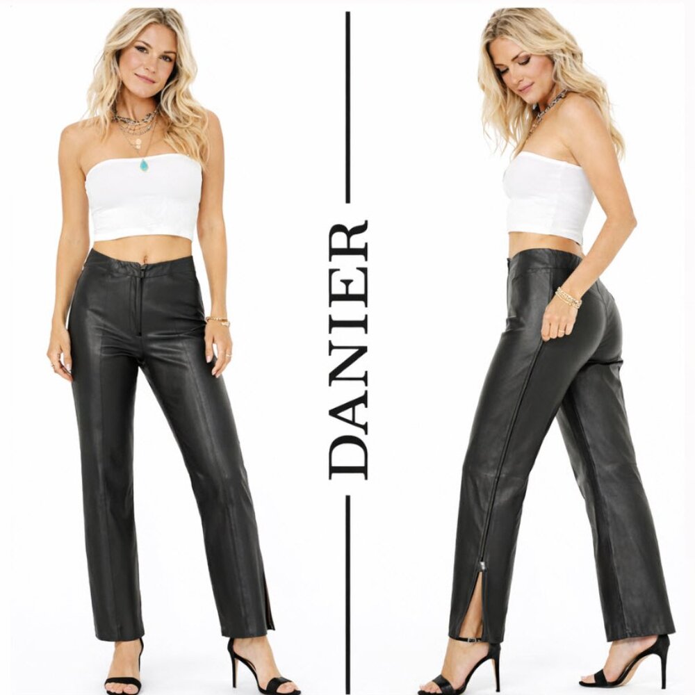 Danier Black Leather Wide Leg Pants Seamed Ankle Zipper size 8 TALL